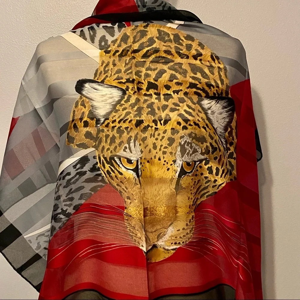 Jim‎ Renoir vintage tiger print scarf black gold red gray vibrant 34” sq Italy